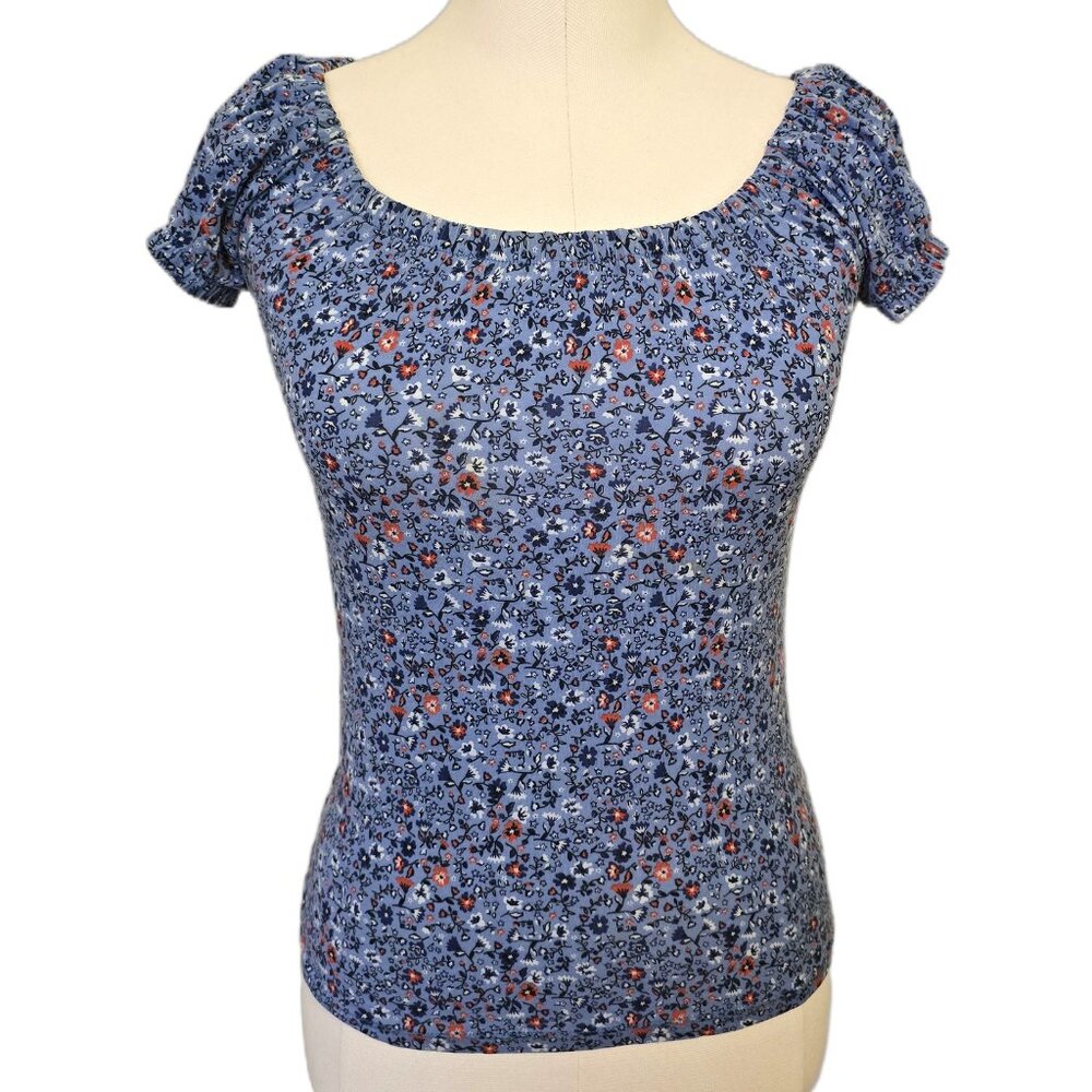 Blue Floral Top Cottage Garden Round Neck Ruffle Sleeves Peasant Blouse Sz S